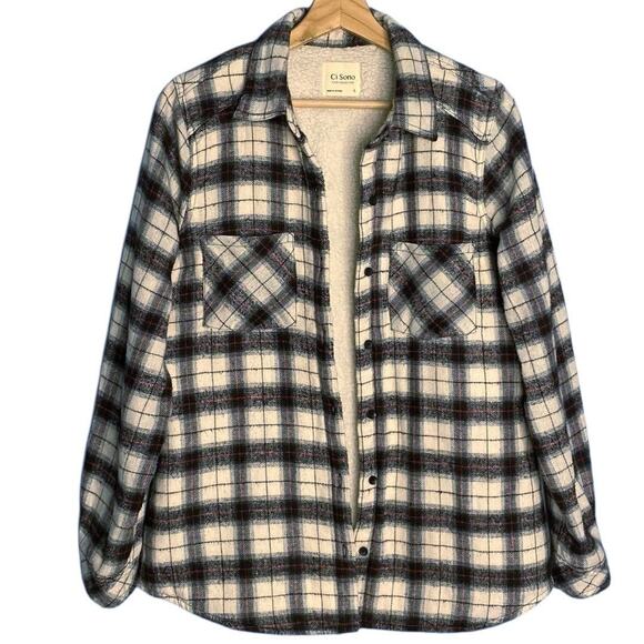 Ci Cono Plaid Flannel Sherpa Shacket Jacket Womens L Gorpcore Cabincore Cozycore - Picture 2 of 11
